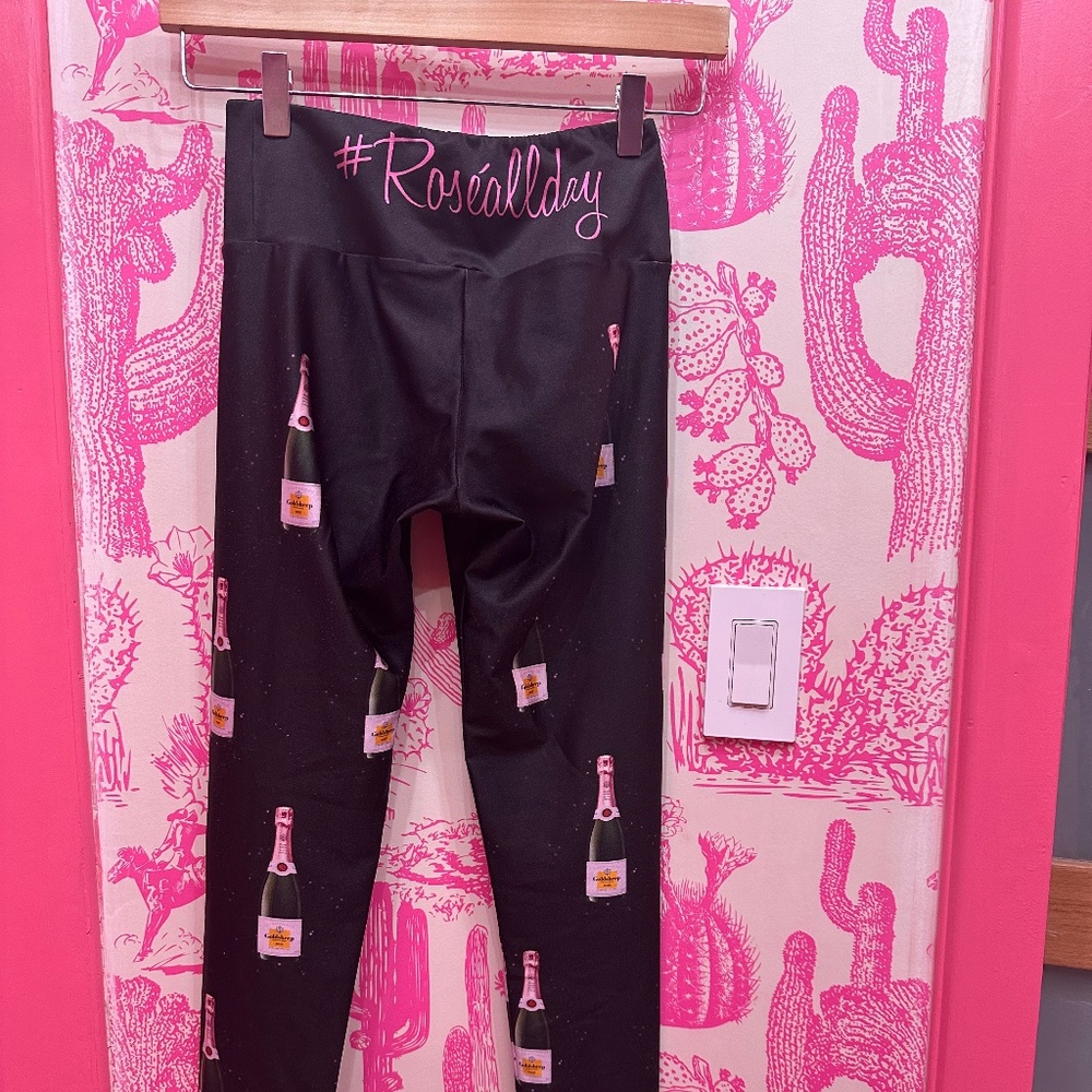 Goldsheep Rosé All Day Champagne Bottle Print Black Ankle Leggings S